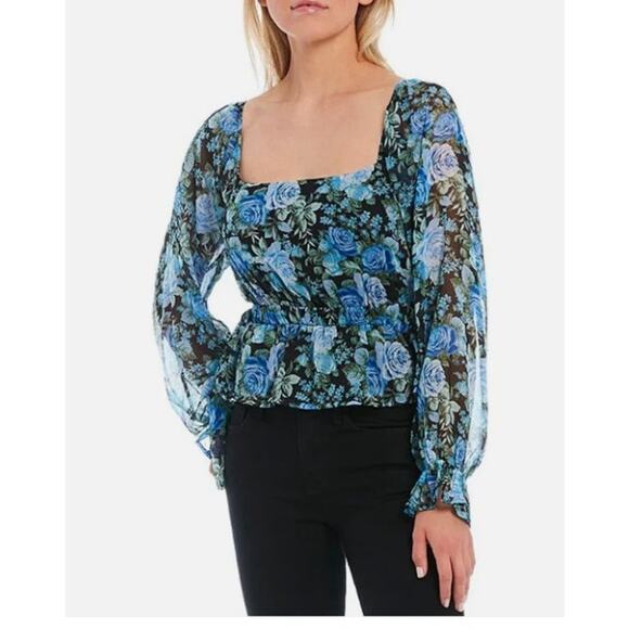 NWT WAYF Floral Square Neck Cut Out Back Smocked Back Peplum Crop Top Size Large - Picture 2 of 10